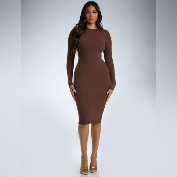 Naked Wardrobe NWT The NW Long Sleeve Midi Dress in Chocolate size Small - Picture 1 of 6